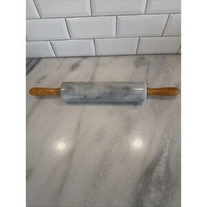 Vintage  18" Long Marble Rolling Pin‎ With Wood Handle White Gray